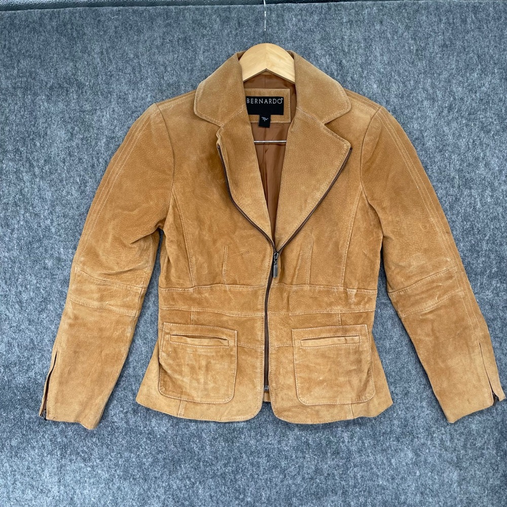 Bernardo Jacket Womens 6 Blazer Tan Suede Leather Jacket Asymmetric Zip